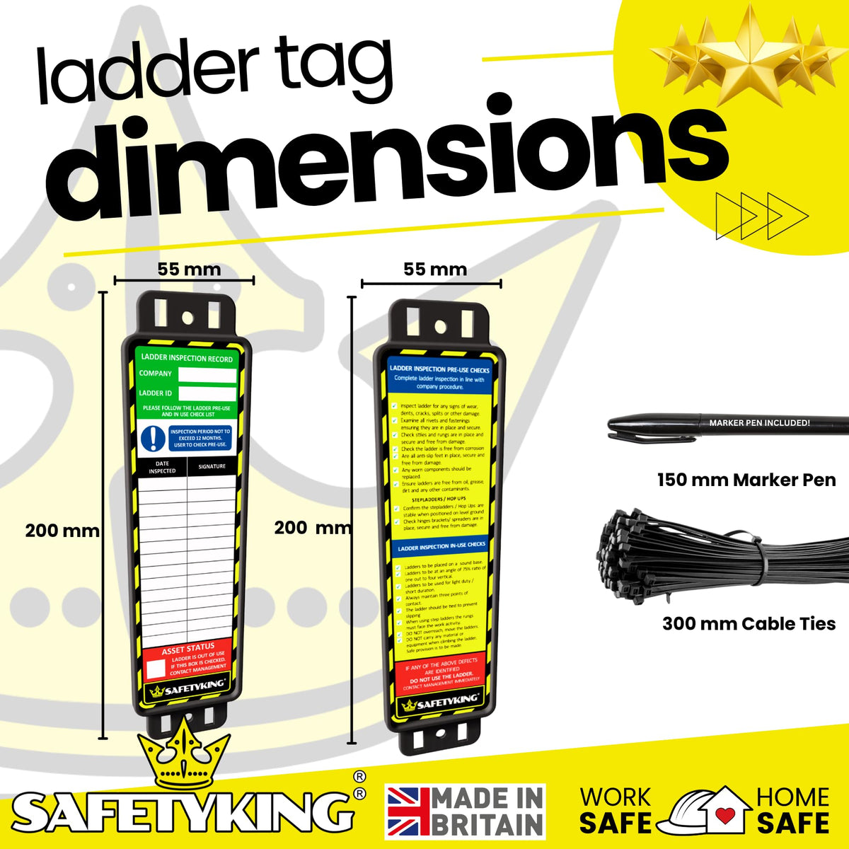 SAFETYKING® Ladder Tags, Ladder Inspection Tags, 10 Holders, 15 Inspcetion Insert Stickers, 20 Cable Ties, 1 Marker Pen, Ladder Tag kit with Cable Ties and Marker, Laddertag, Laddertags.