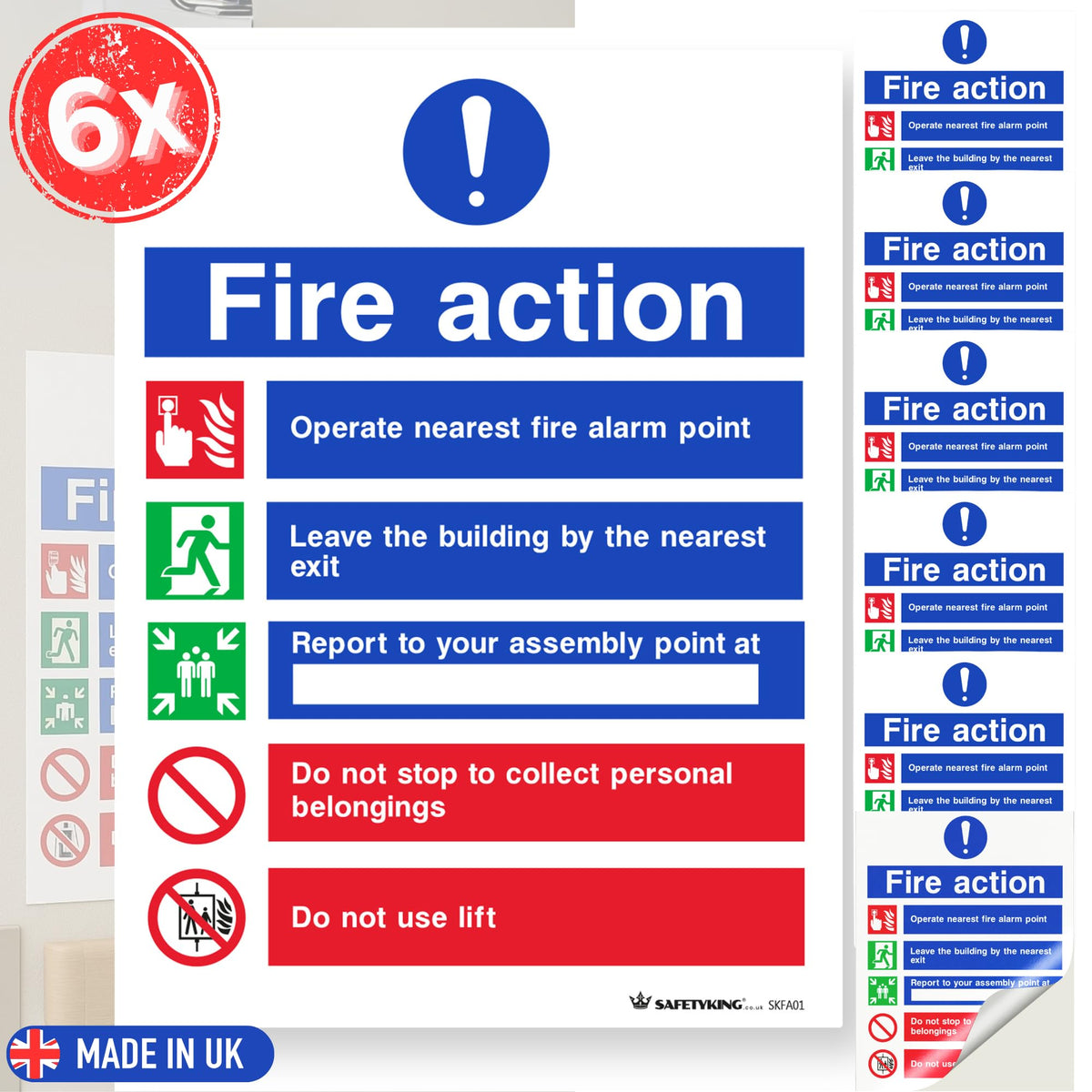 SAFETYKING® Fire Action Signs (6 Pack) 200mm x 150mm, Self Adhesive Vinyl Fire Action Notice Stickers, 20cm x 15cm, Safety Signage for Commercial and Public Spaces. BS-5499 Compliant, Made in UK.