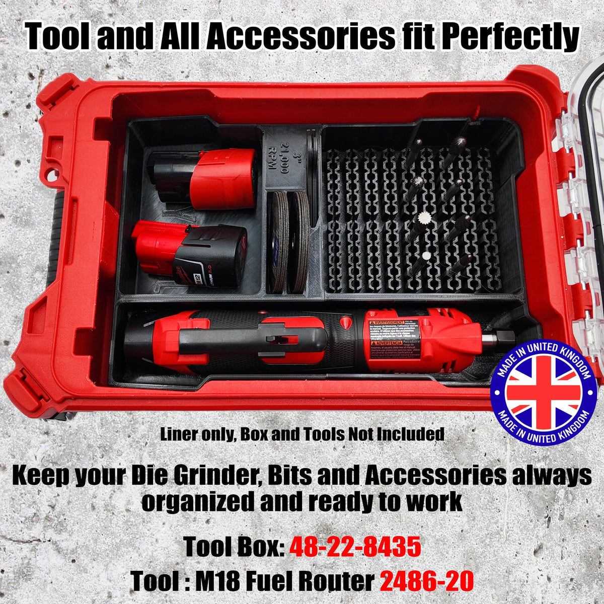 SAFETYKING® M12 Fuel Die Grinder for Milwaukee Compact Packout Compatible With Milwaukee Packout Compact Box (48-22-8435) Precision Rigid Insert for Organizer (Insert Only, Tools & Box Not Included)