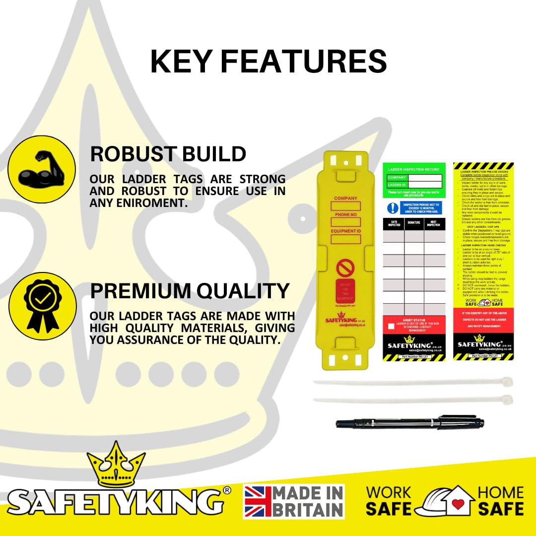 SAFETYKING® Ladder Tags 10 Inserts – Safety Ladder Inspection Tags with Cable Ties- Complete Tools kit with Marker & Label - Durable - Suitable for Indoor & Outdoor Use
