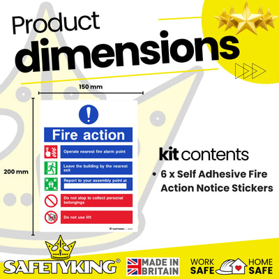 SAFETYKING® Fire Action Signs (6 Pack) 200mm x 150mm, Self Adhesive Vinyl Fire Action Notice Stickers, 20cm x 15cm, Safety Signage for Commercial and Public Spaces. BS-5499 Compliant, Made in UK.