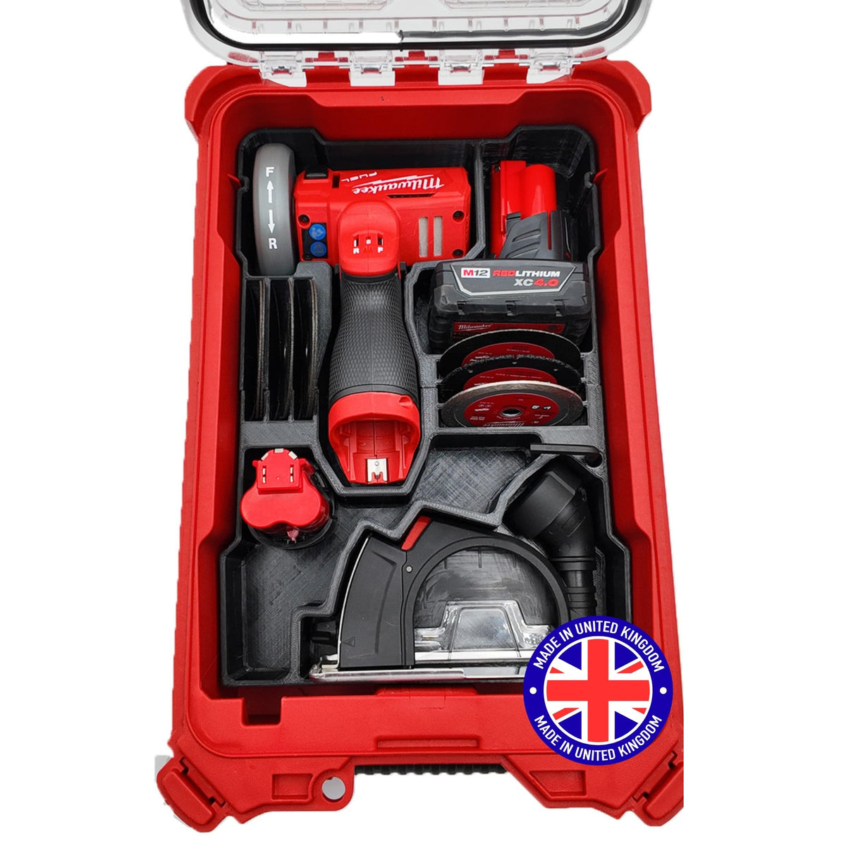 SAFETYKING® M12 Fuel 3" Compact Cut Off Tool Organizer Liner Compatible With Milwaukee Packout Compact Box (48-22-8435) Precision Rigid Insert for Organizer (Insert Only, Tools & Box Not Included)