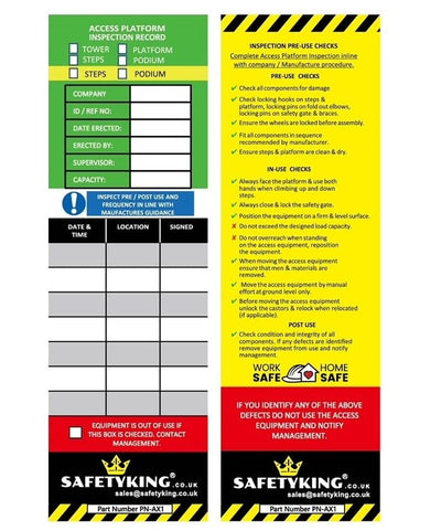 SAFETYKING® 5 Access Platform Inspection Tag Inserts - Access Equipment Tag Kit Inserts | Robust Access Equipment Tag Inserts | High Visibility Access Equipment Inspection Tag Inserts