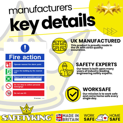 SAFETYKING® Fire Action Signs (6 Pack) 200mm x 150mm, Self Adhesive Vinyl Fire Action Notice Stickers, 20cm x 15cm, Safety Signage for Commercial and Public Spaces. BS-5499 Compliant, Made in UK.