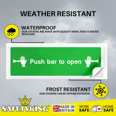 SAFETYKING® 16 Piece Fire Exit Signs | Push Bar To Exit | 30 cm x 10 cm Self Adhesive Sticker | Fire Exit Signs | Fire Exit Stickers | Fire Exit Safety Pack | Running Man Fire Exit Sign