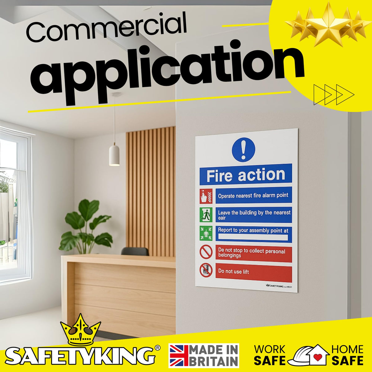 SAFETYKING® Fire Action Signs (6 Pack) 200mm x 150mm, Self Adhesive Vinyl Fire Action Notice Stickers, 20cm x 15cm, Safety Signage for Commercial and Public Spaces. BS-5499 Compliant, Made in UK.