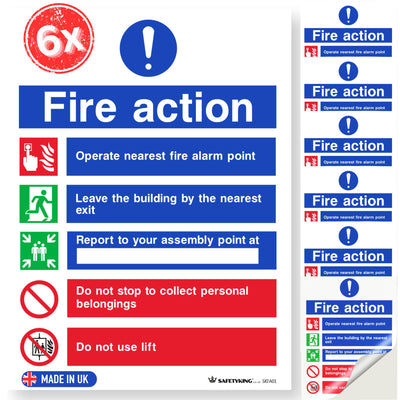 SAFETYKING® Fire Action Signs (6 Pack) 200mm x 150mm, Self Adhesive Vinyl Fire Action Notice Stickers, 20cm x 15cm, Safety Signage for Commercial and Public Spaces. BS-5499 Compliant, Made in UK.