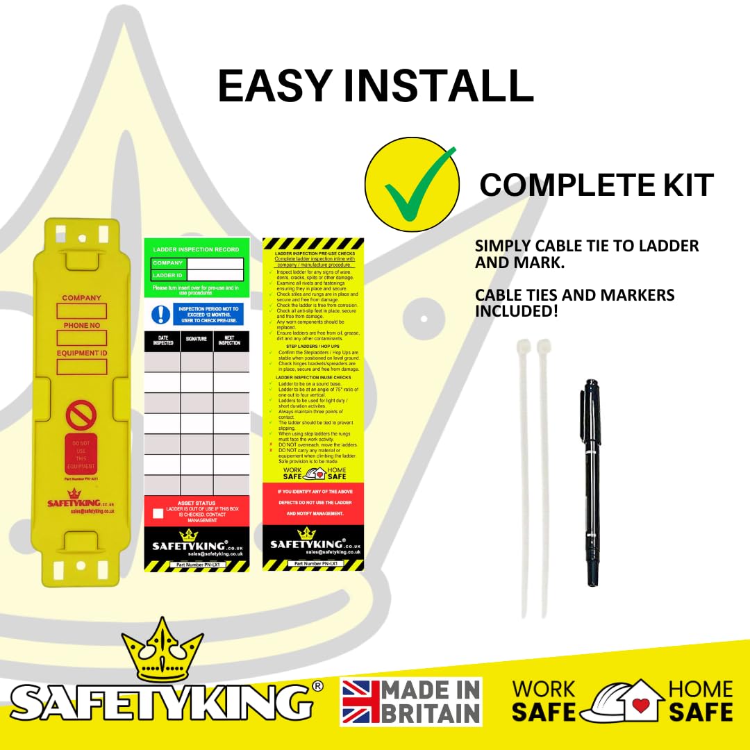SAFETYKING® Ladder Tags 10 Inserts – Safety Ladder Inspection Tags with Cable Ties- Complete Tools kit with Marker & Label - Durable - Suitable for Indoor & Outdoor Use