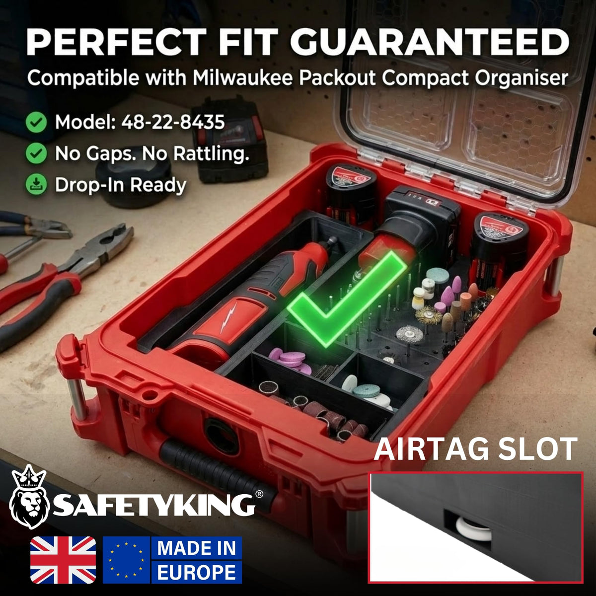 SAFETYKING® M18 Grinder Liner Compatible With Milwaukee Packout Compact Box (48-22-8435) Precision Rigid Insert Organizer (Insert Only, Tools & Box Not Included)