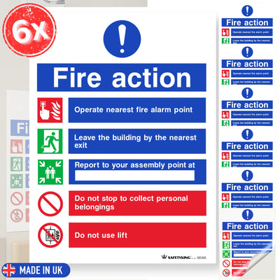 SAFETYKING® Fire Action Signs (6 Pack) 200mm x 150mm, Self Adhesive Vinyl Fire Action Notice Stickers, 20cm x 15cm, Safety Signage for Commercial and Public Spaces. BS-5499 Compliant, Made in UK.